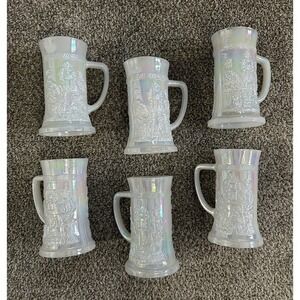 6-PC Vintage White Glazed Glass Pub Tavern Beer Stein Tankard Mug Iridescent